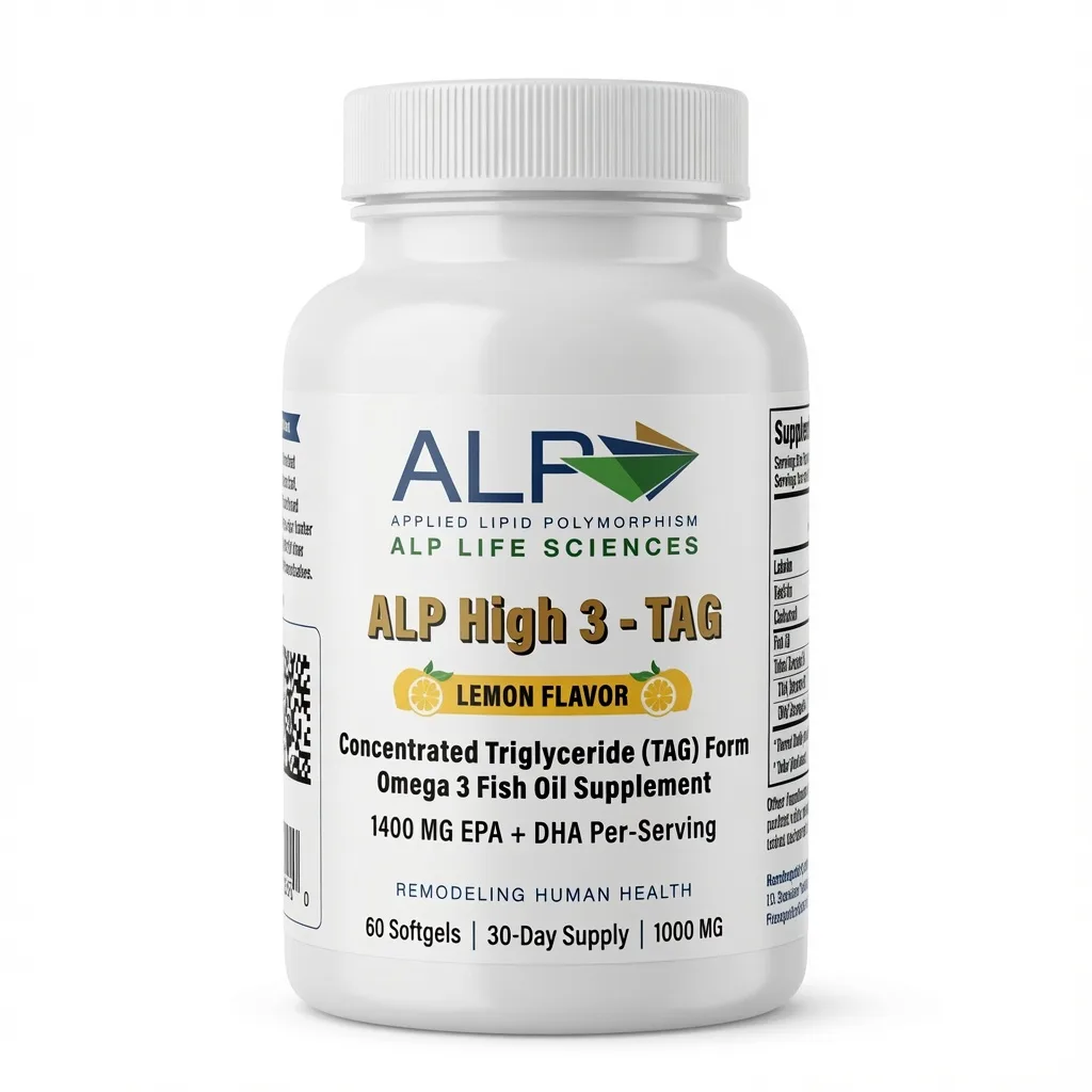A bottle of ALP High 3-TAG fish oil supplement with lemon flavor.