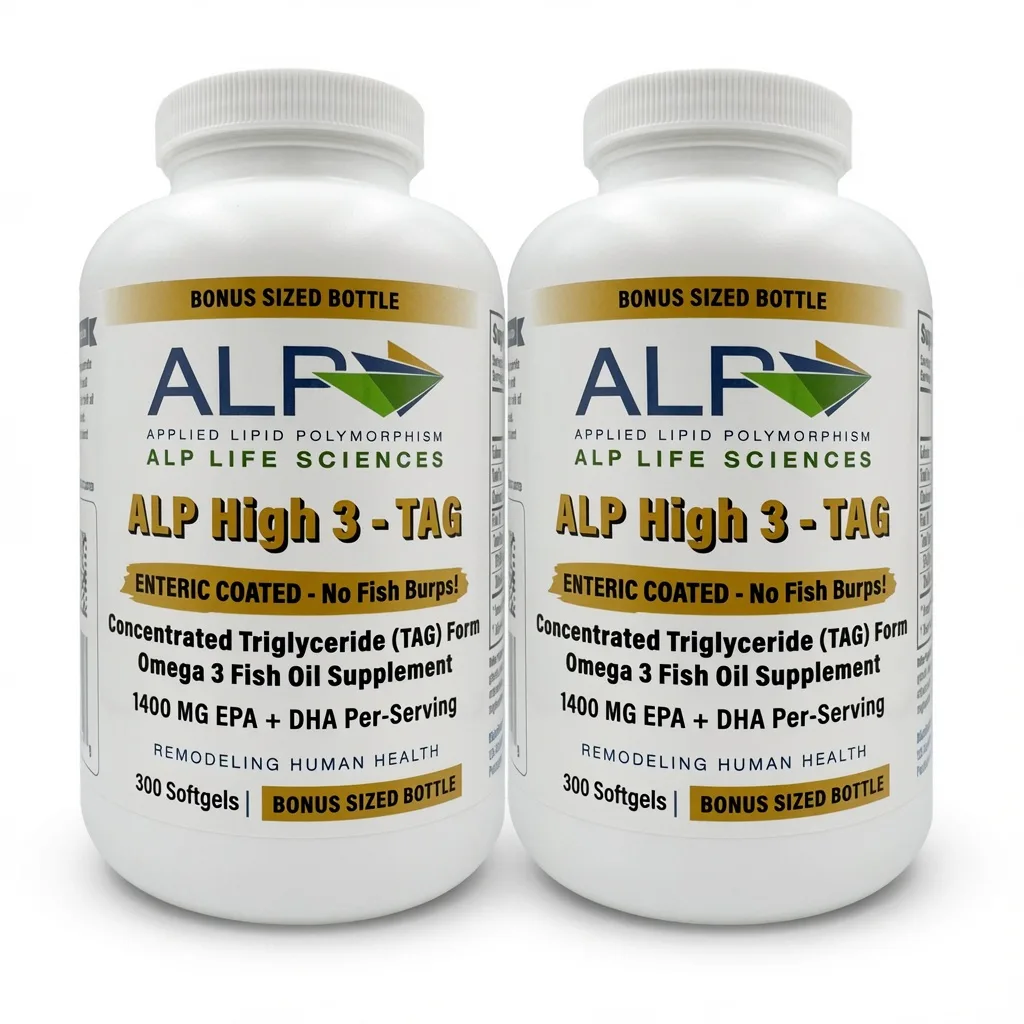 Two bottles of ALP High 3 - TAG Omega 3 Fish Oil Supplement with labels detailing contents and benefits.