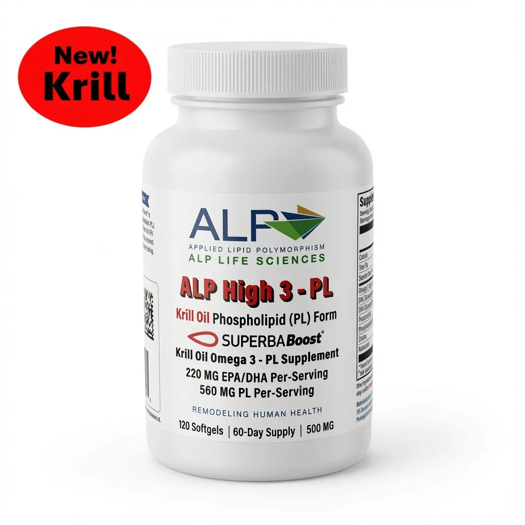 Bottle of ALP High 3-PL Krill Oil Supplement with red 'New!' label.