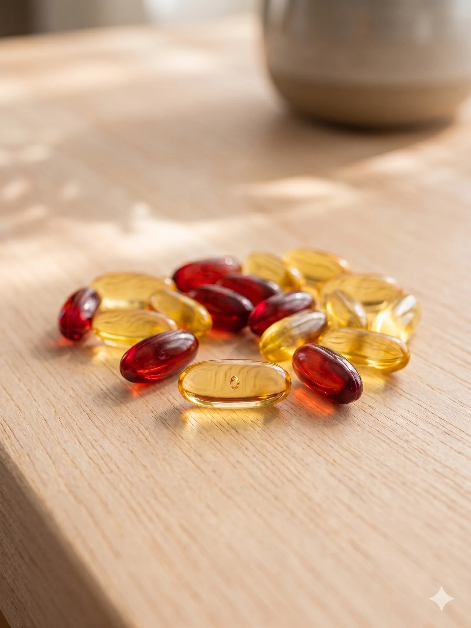 A pile of red and yellow gel capsules on a wooden surface.