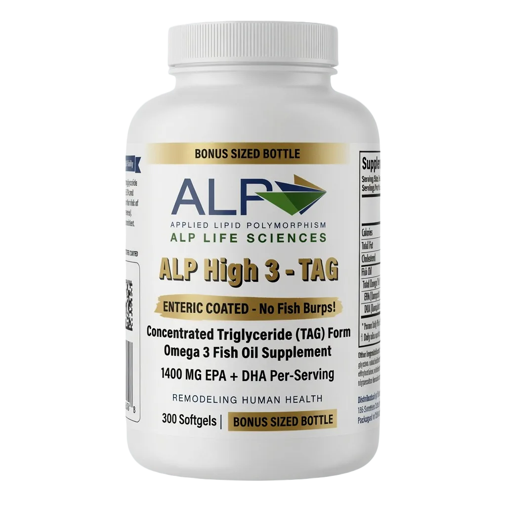 Bottle of ALP High 3-TAG omega-3 fish oil supplement.