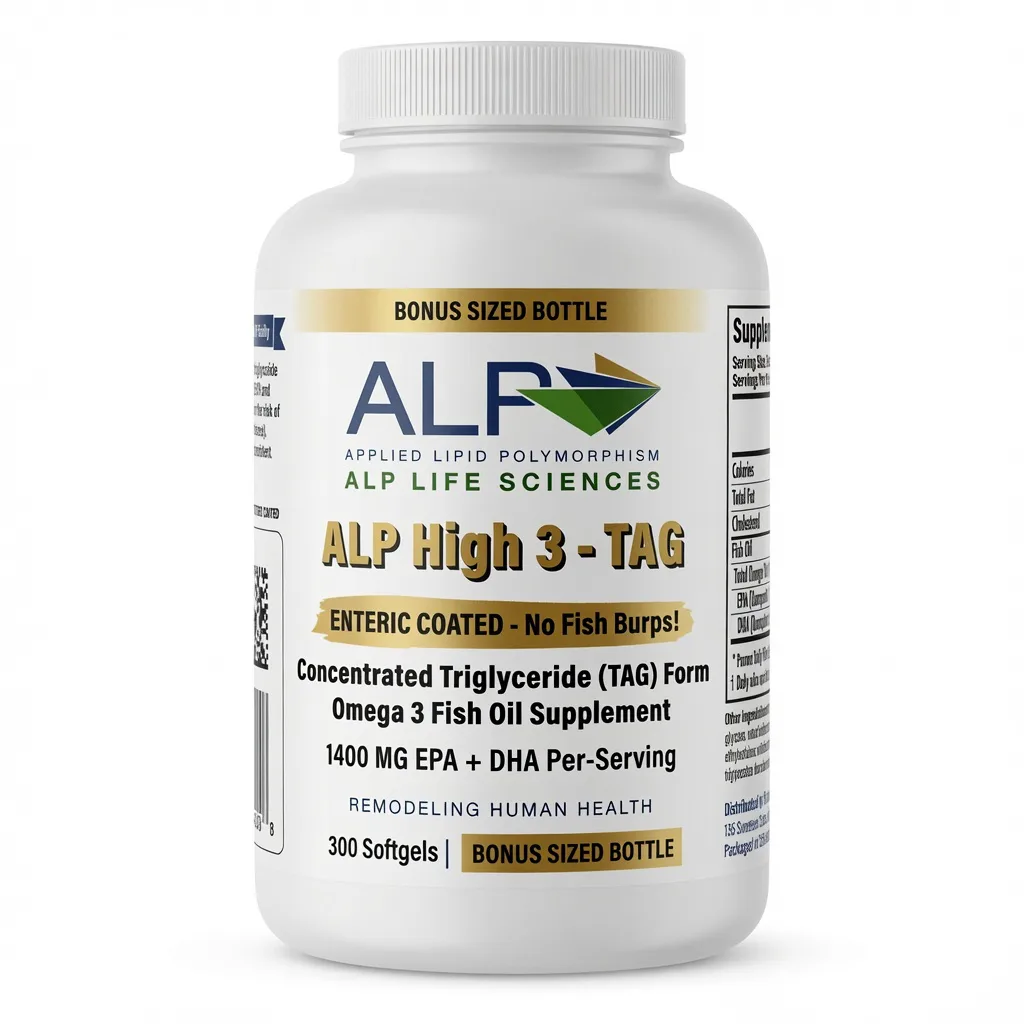 A white bottle of ALP High 3 fish oil supplement with a yellow bonus label.