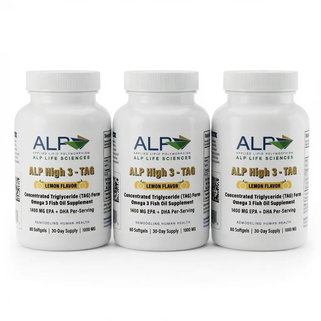 Three bottles of ALP High 3 TAG Omega 3 fish oil supplement, lemon flavor.