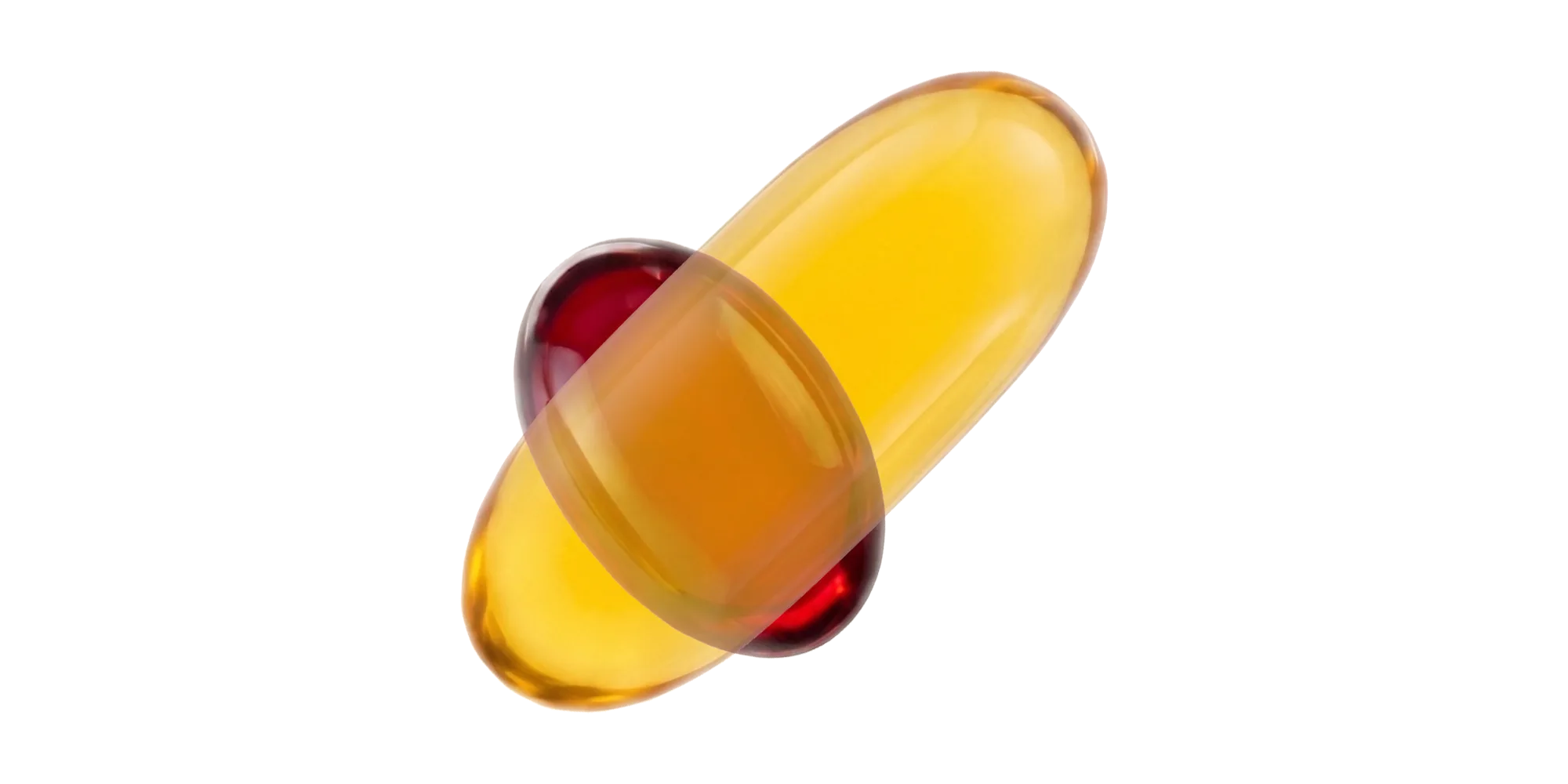 A softgel capsule with a yellow body and red ends on a white background.