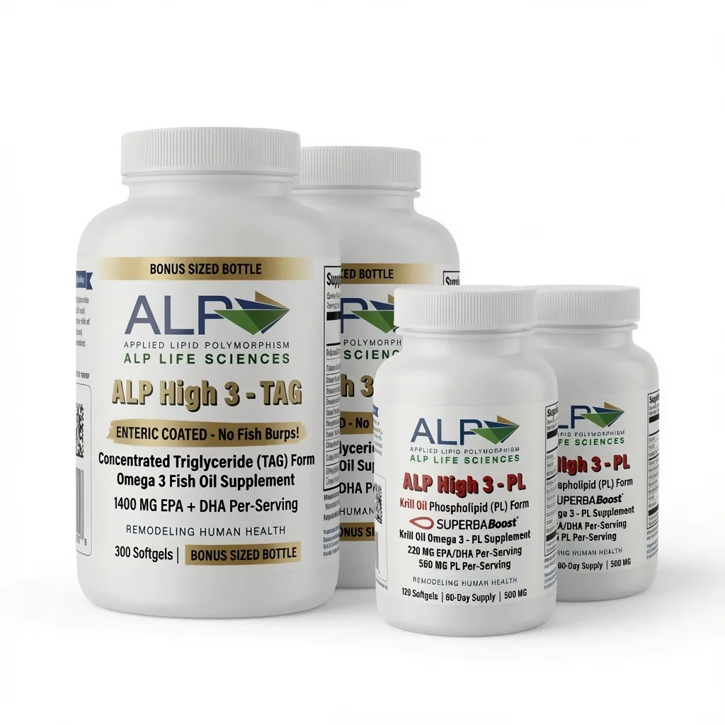 Bottles of ALP High 3 fish oil supplements on a white background.