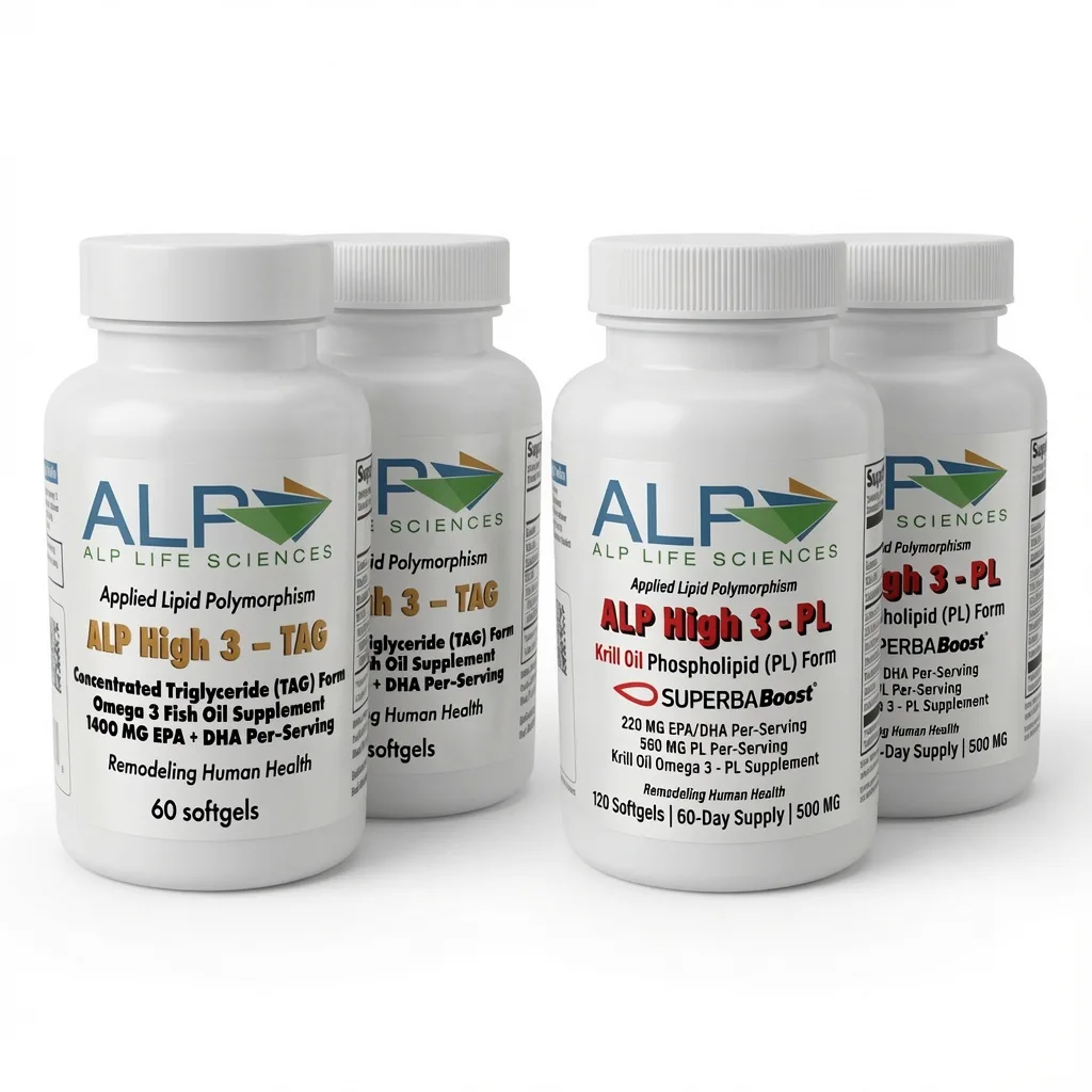 Four bottles of dietary supplements from ALP Life Sciences featuring Omega 3 products.
