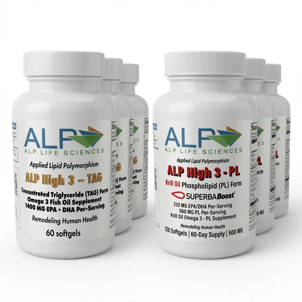 Bottles of ALP High 3 fish oil supplements in two formulations.