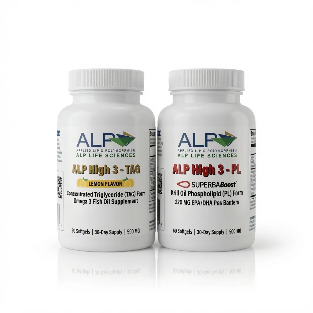 Two bottles of ALP High 3 dietary supplements labeled TAG and PL.