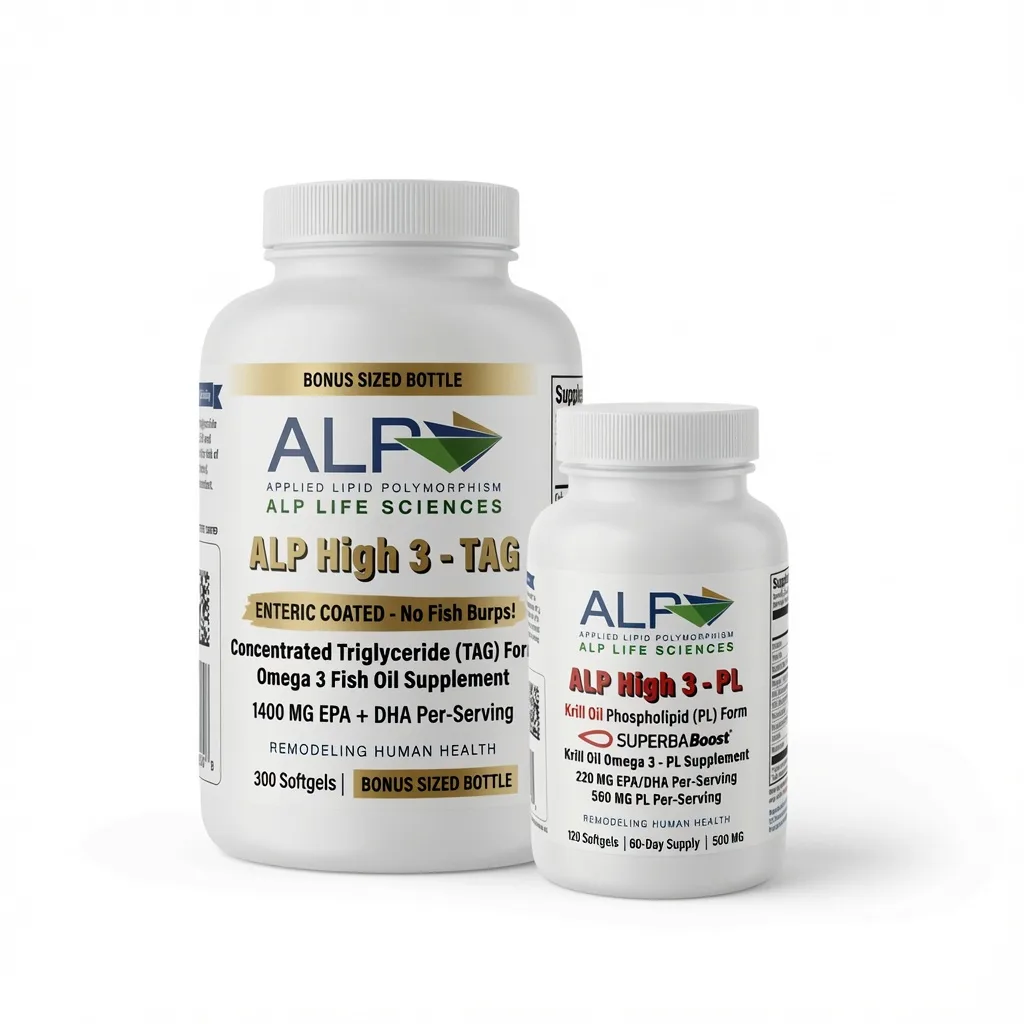 Two bottles of fish oil supplements from ALP Life Sciences.