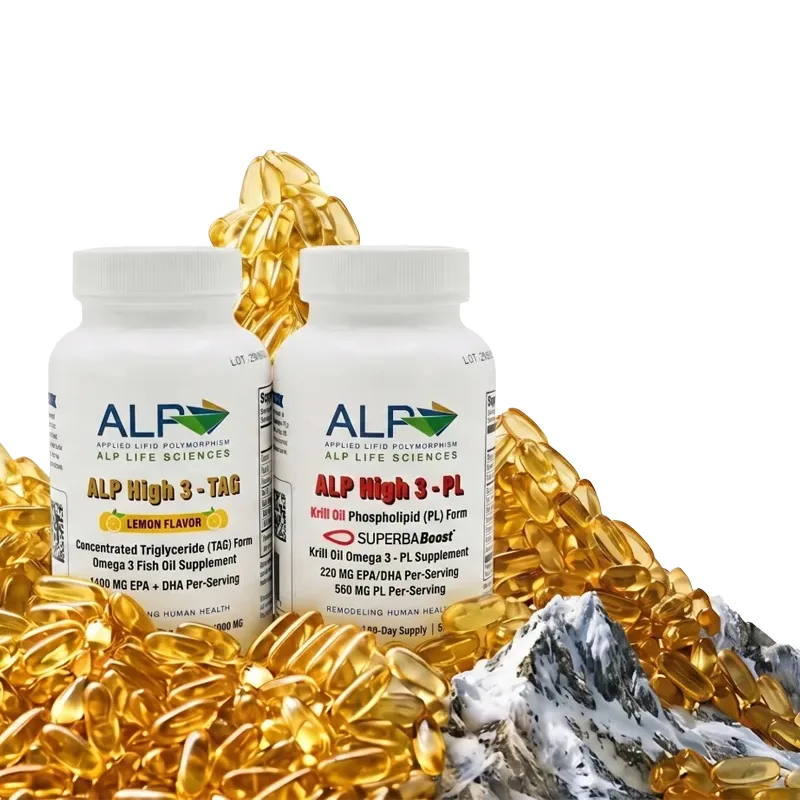 Two bottles of dietary supplements surrounded by softgel capsules on a rocky background.