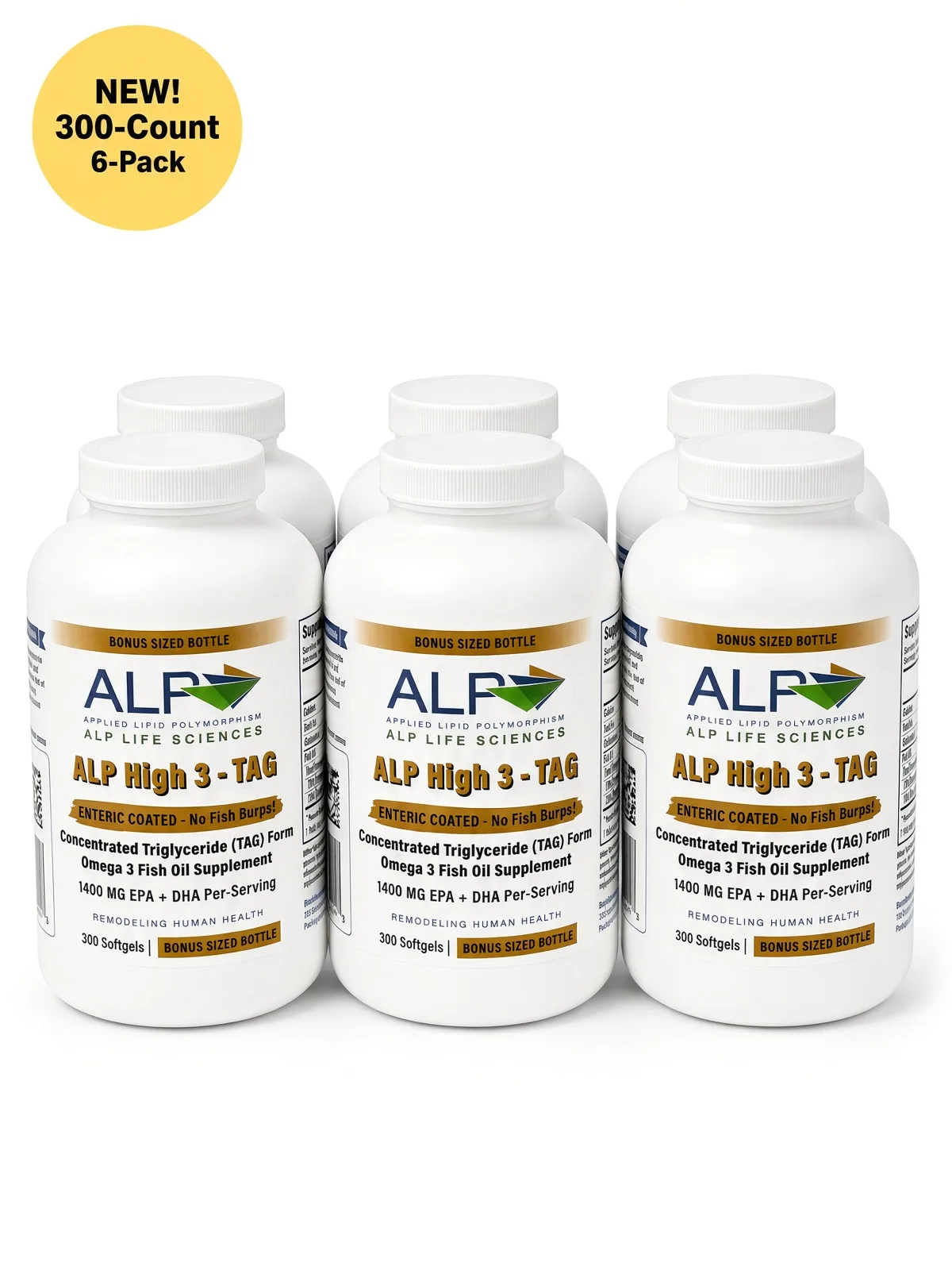 Six white bottles of ALP High 3-TAG fish oil supplement with labels detailing ingredients and benefits.