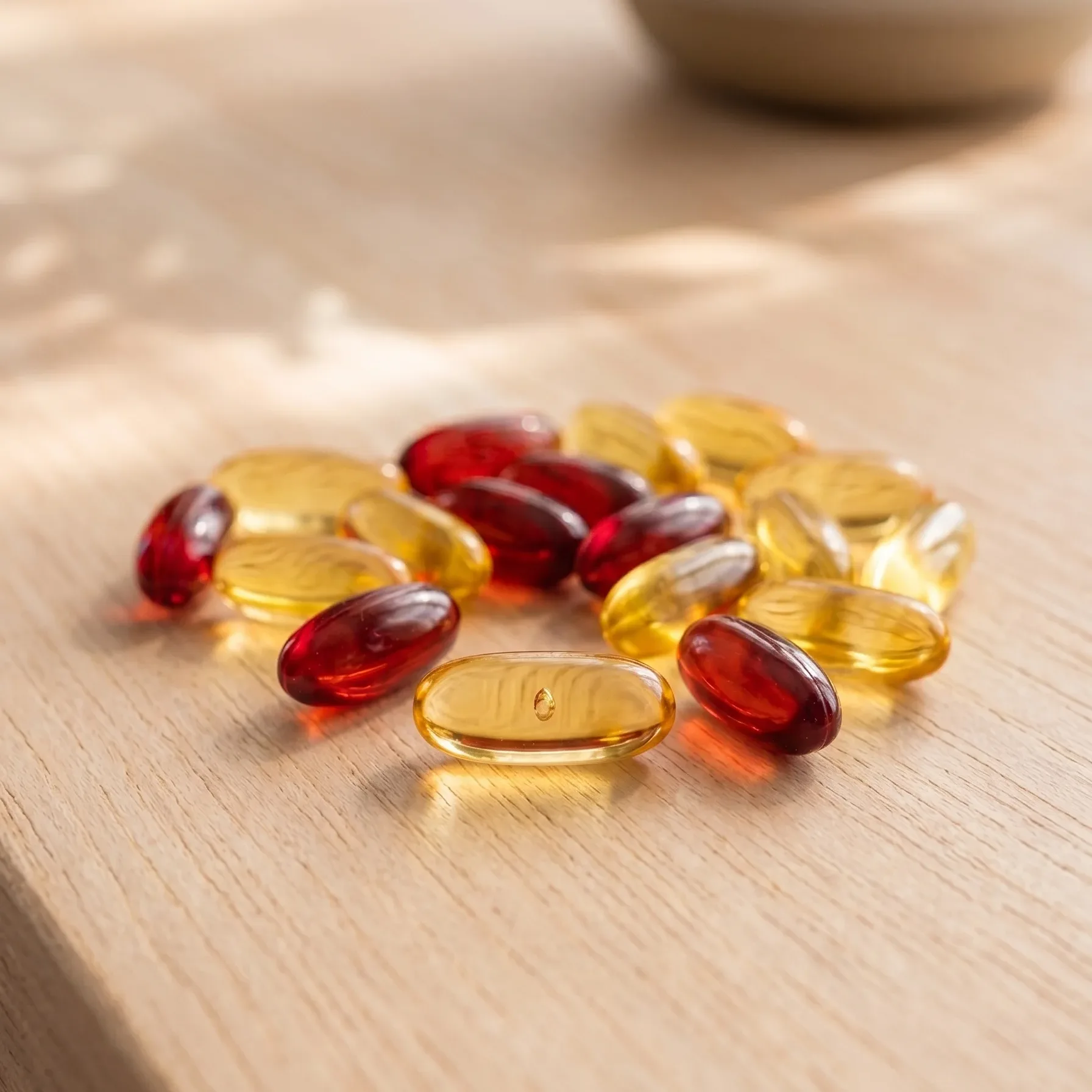 A pile of red and yellow gel capsules on a wooden surface.