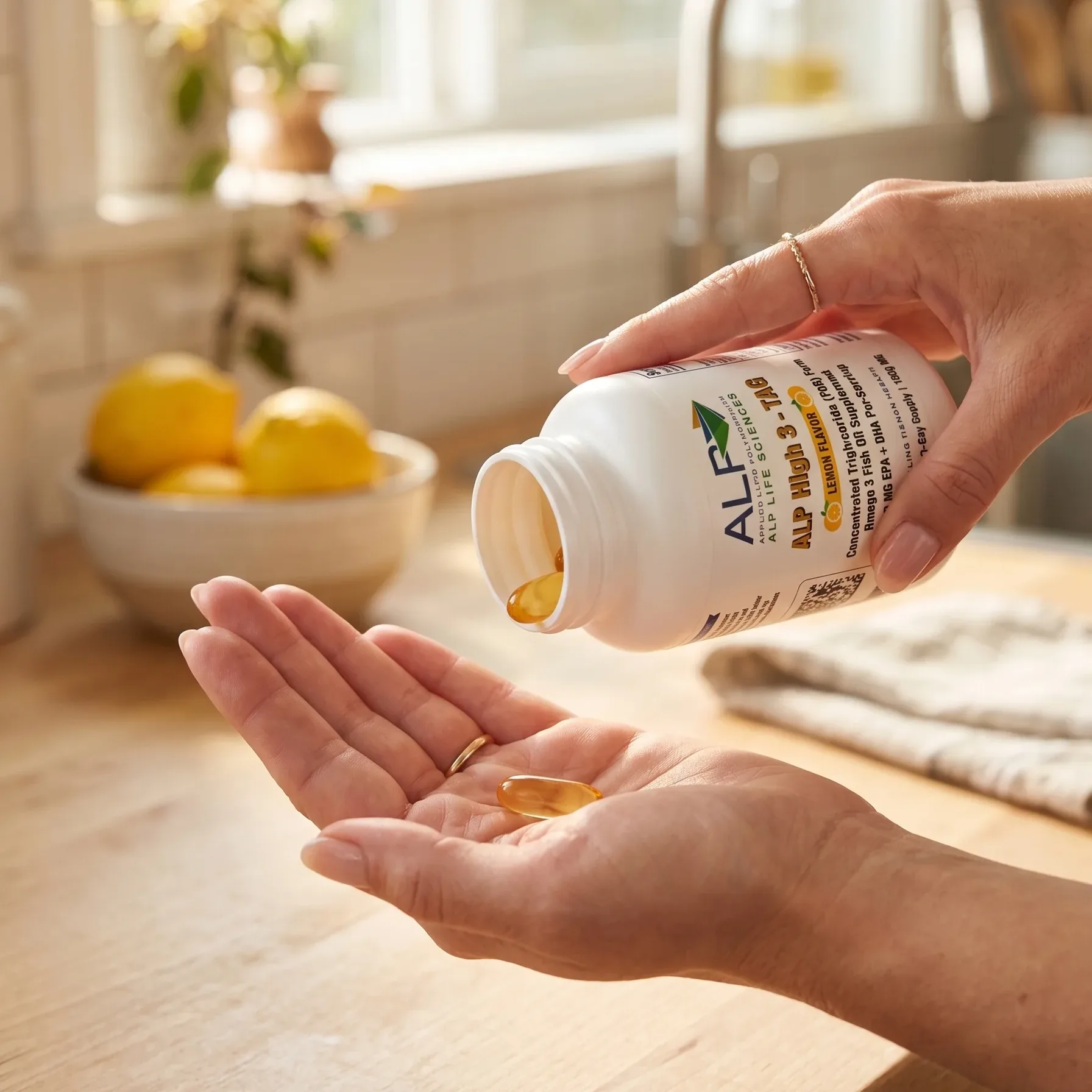 A person pouring a softgel from a bottle into their palm in a bright kitchen.