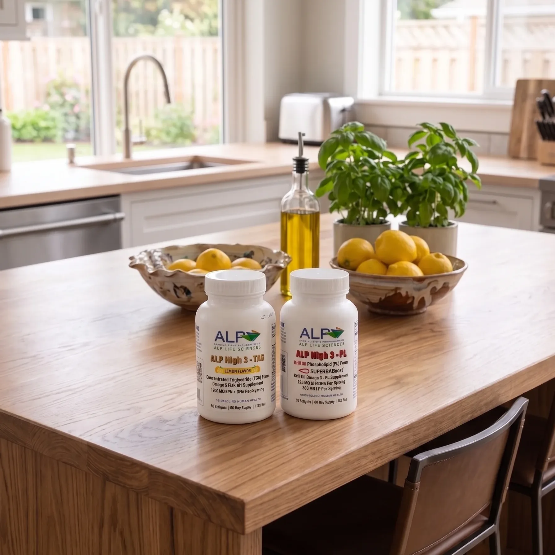 A modern kitchen countertop with two bottles of supplements, a bowl of lemons, and a basil plant.
